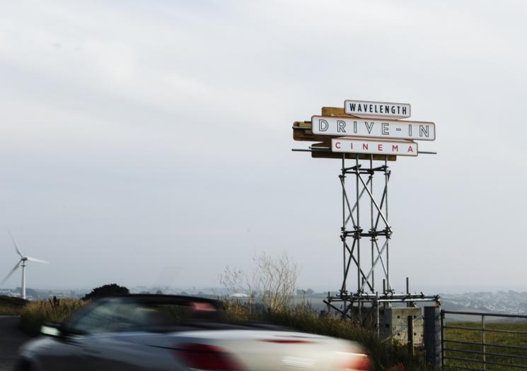 The sign for the Wavelength Drive-in Cinema in Watergate Bay