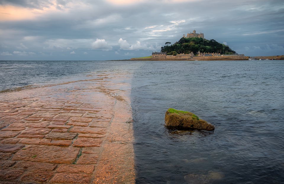 The path to St. Michael’s Mount in Cornwall submerged in sea water