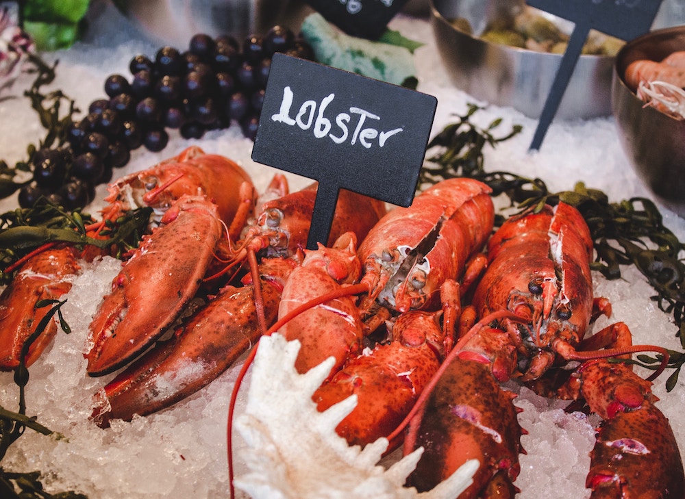 Lobsters on ice being sold at a market