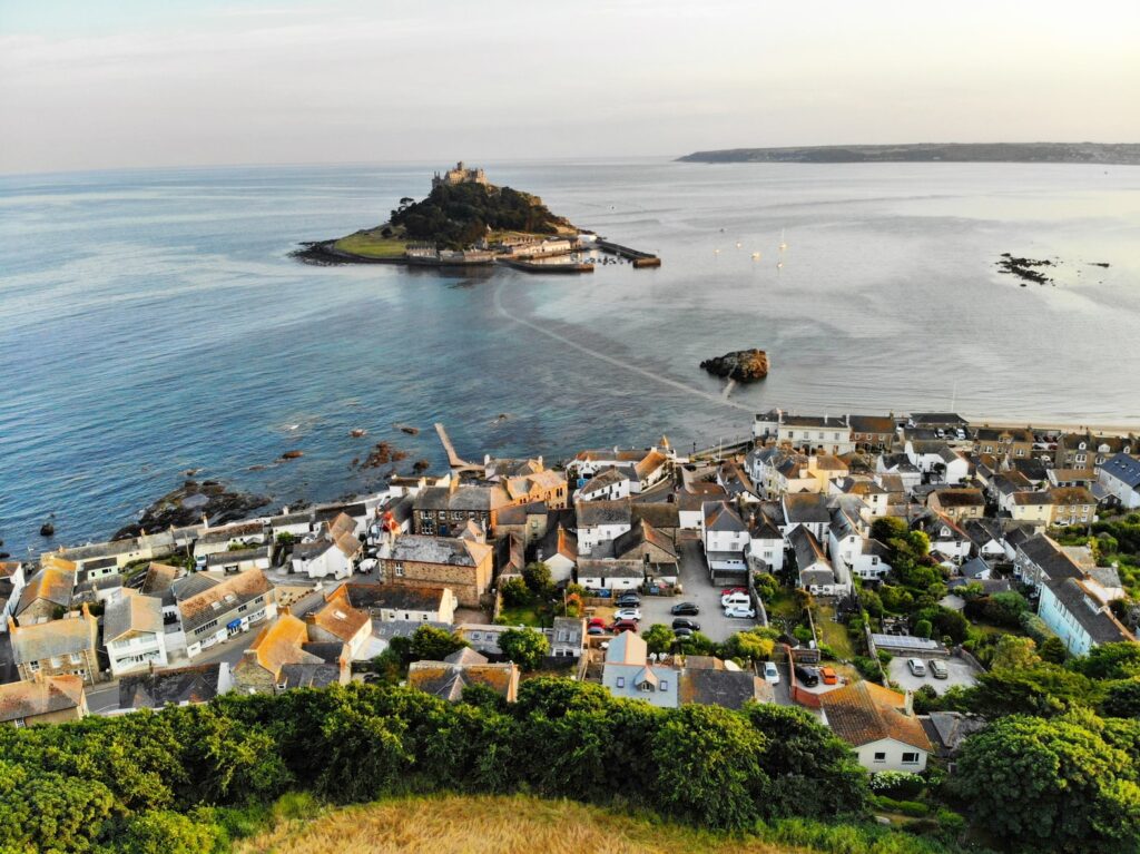 Houses in Marazion with the view of St Michaels Mount